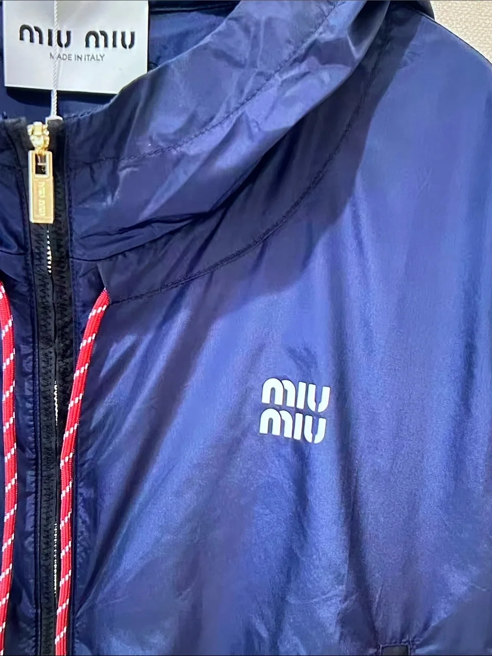 Miu Miu Navy Hooded Bomber Jacket with Contrast Drawcord